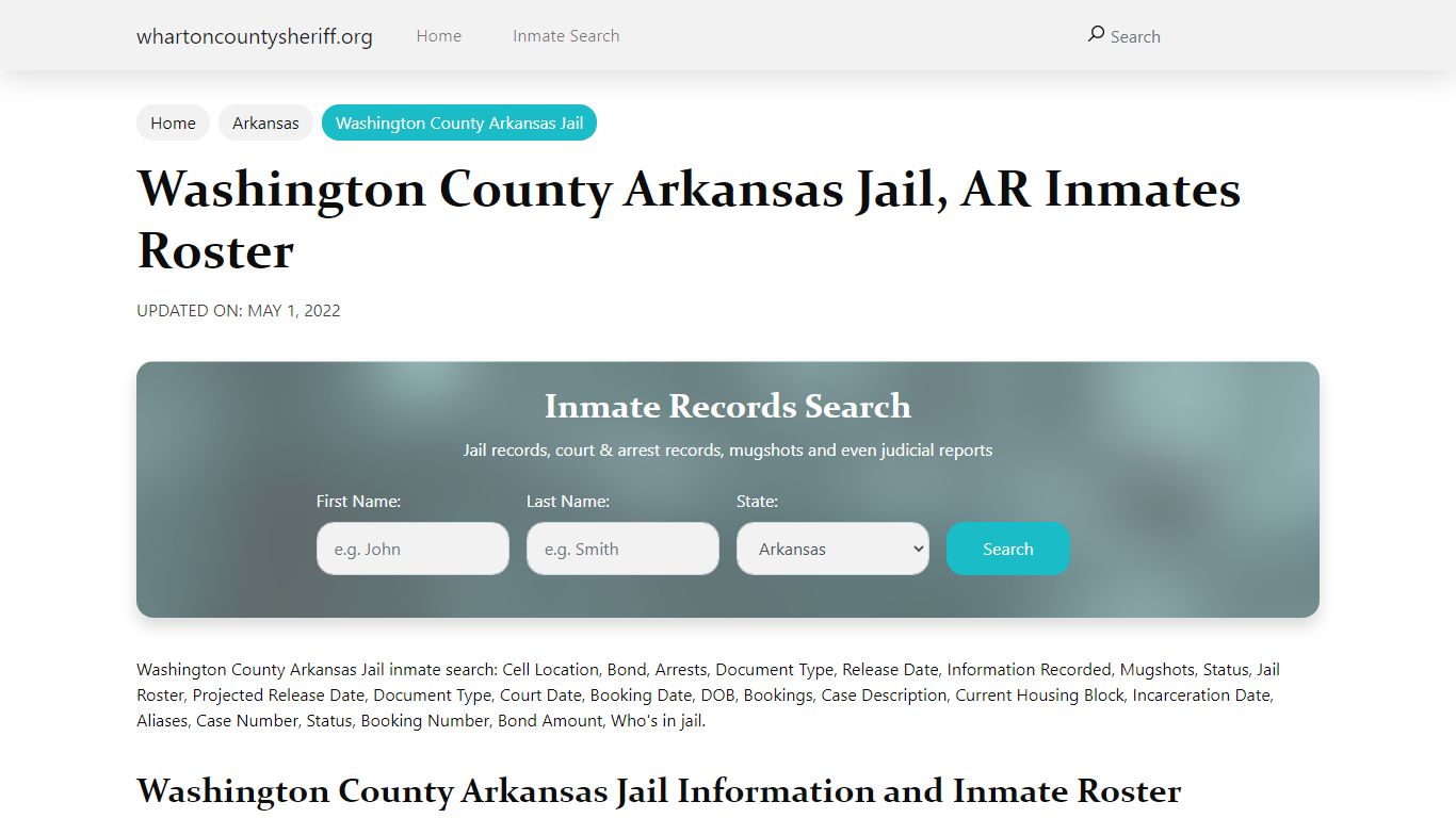Washington County Arkansas Jail, AR Jail Roster, Name Search